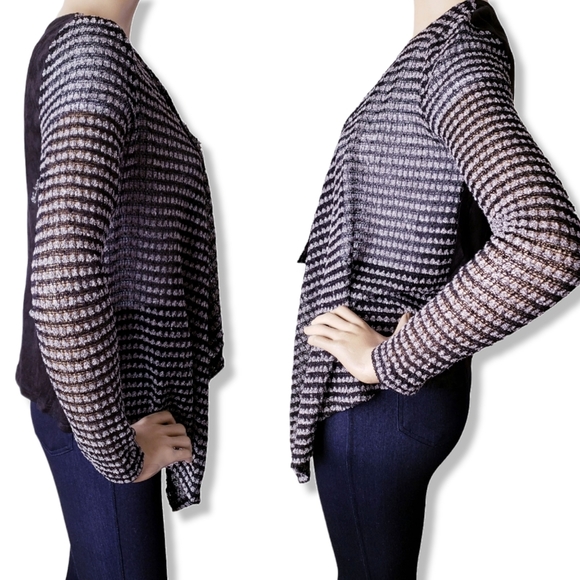 Tcec Black & White Sequined Mixed Media Wrap Open Front Cardigan - Picture 4 of 8